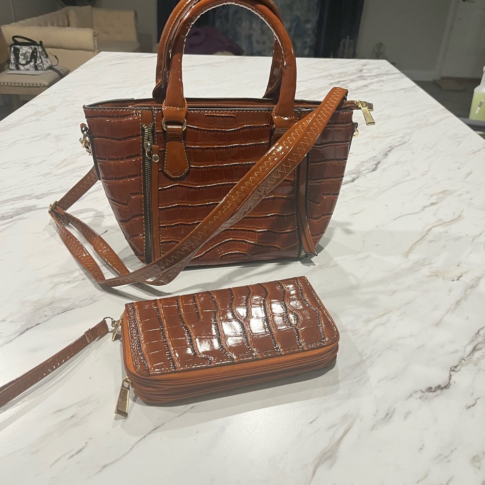 Brown Crocodile-Embossed Handbag and Wallet Set